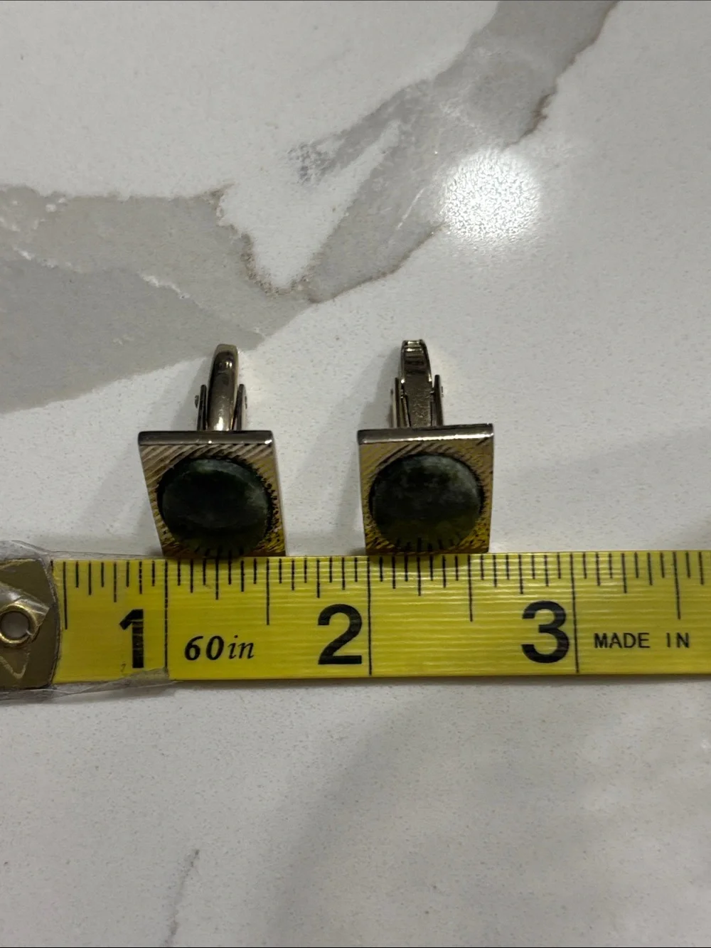 Rectangular Gold-Tone Cuff Links with Green Oval Stone Men’s Cufflinks